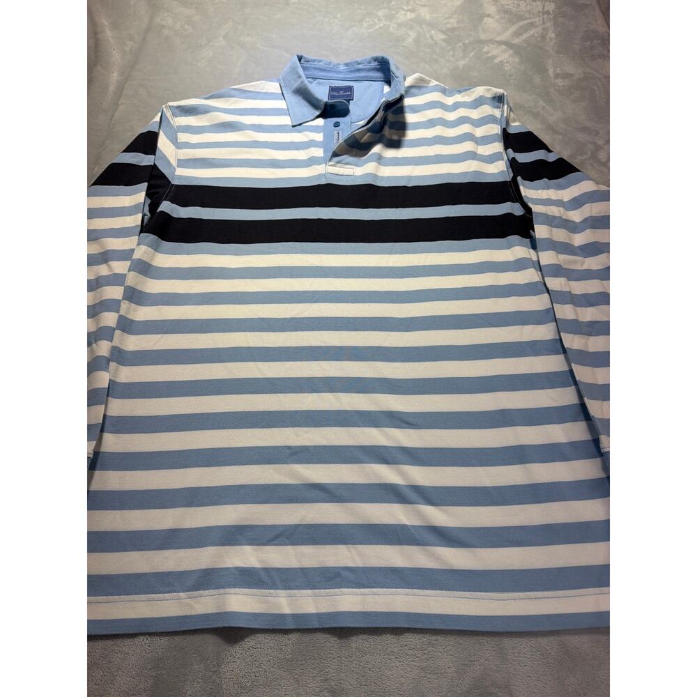 Faconnable France Mens Long Sleeve Striped Rugby Polo Shirt Blue White Cotton - Picture 6 of 11